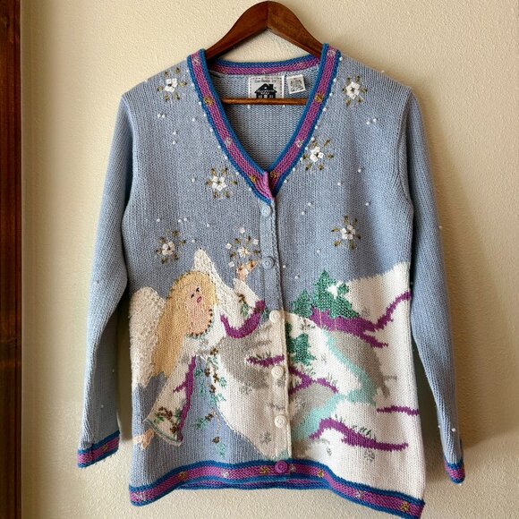 Hand Knit Storybook Cardigan Sweater Ugly Christmas Angel Snow Trees 90s Size M - Picture 1 of 11